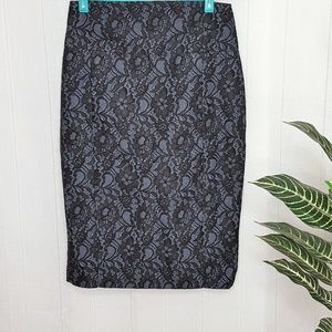 Express Black Grey Pencil Skirt Floral Overlay Sm